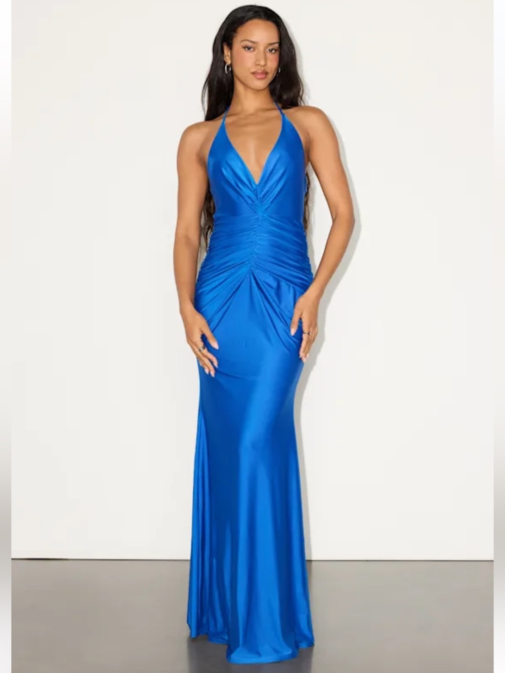 NWT Lulus Zaniya Royal Blue Ruched Halter Maxi Dress